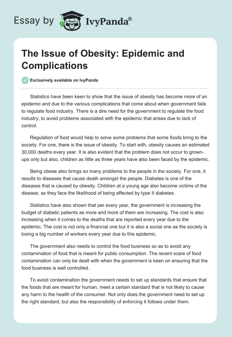 The Issue of Obesity: Epidemic and Complications. Page 1