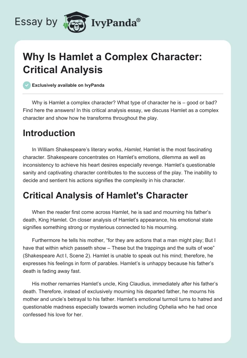 Why Is Hamlet a Complex Character: Critical Analysis. Page 1
