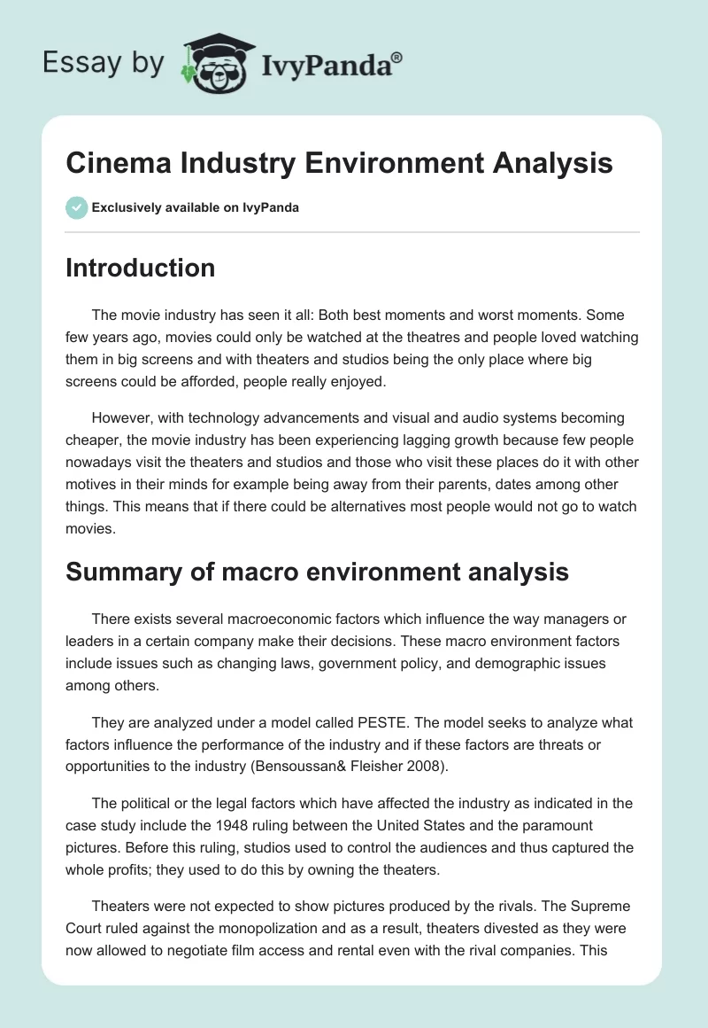 Cinema Industry Environment Analysis. Page 1