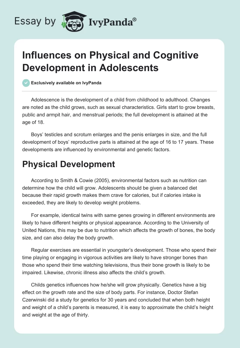 Influences on Physical and Cognitive Development in Adolescents. Page 1