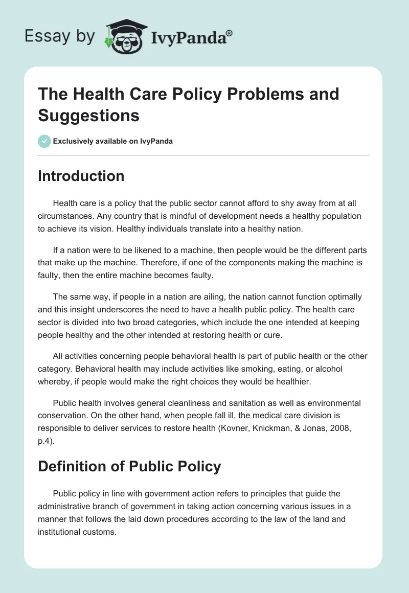 The Health Care Policy Problems and Suggestions. Page 1