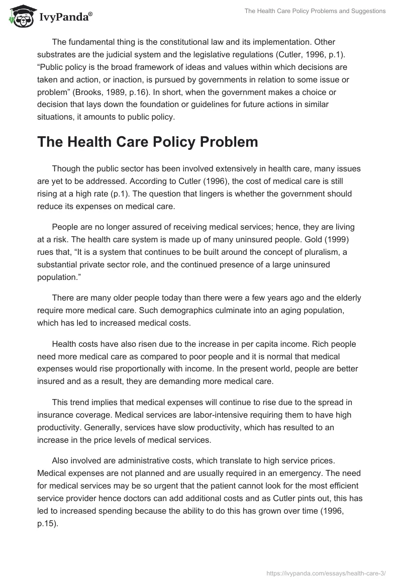 The Health Care Policy Problems and Suggestions. Page 2