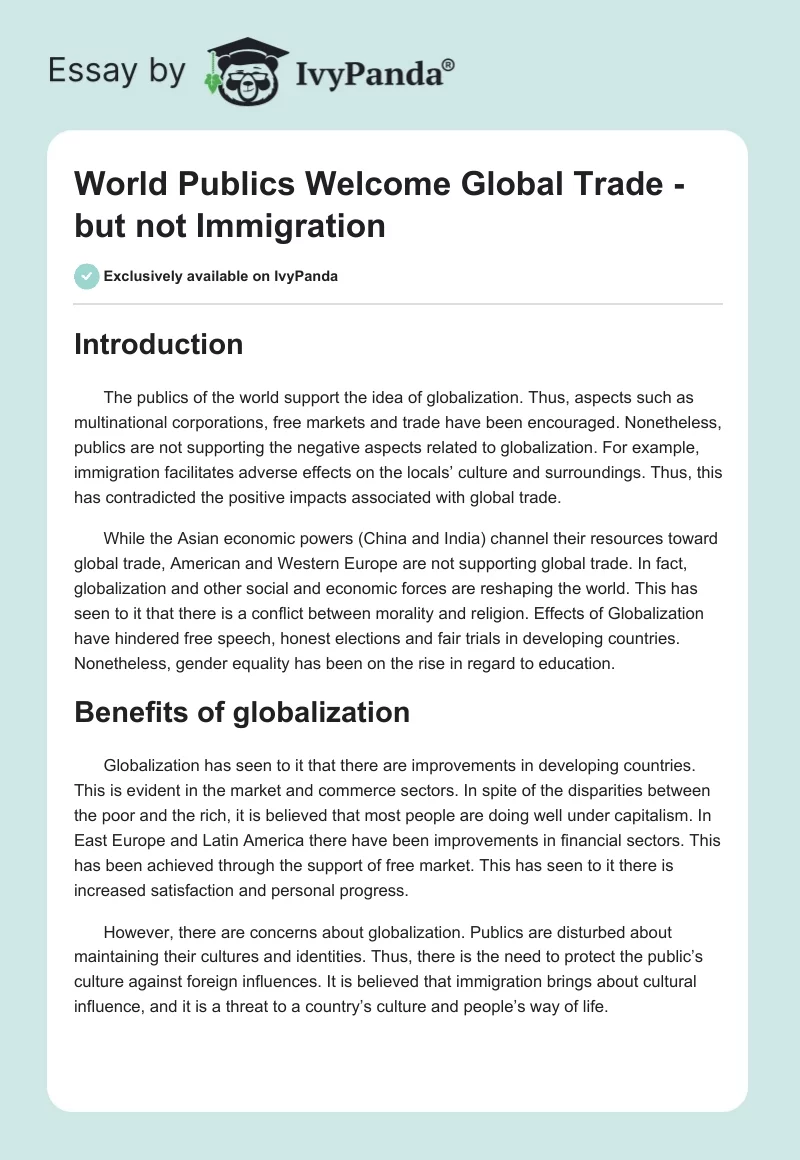 World Publics Welcome Global Trade - But Not Immigration. Page 1