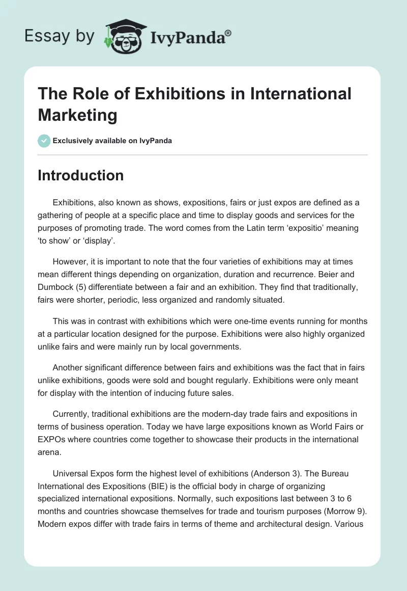 The Role of Exhibitions in International Marketing. Page 1