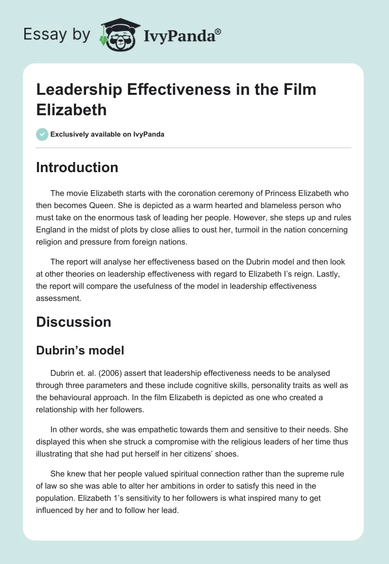 Leadership Effectiveness in the Film Elizabeth. Page 1