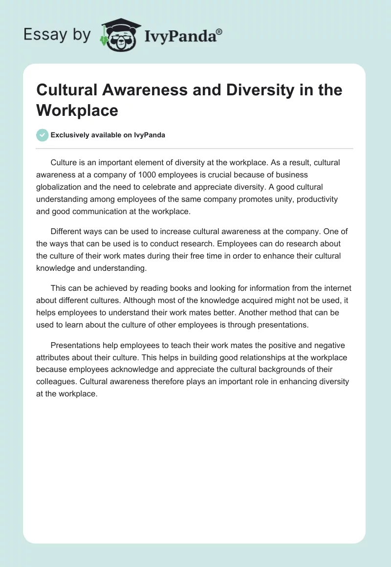 Cultural Awareness and Diversity in the Workplace. Page 1