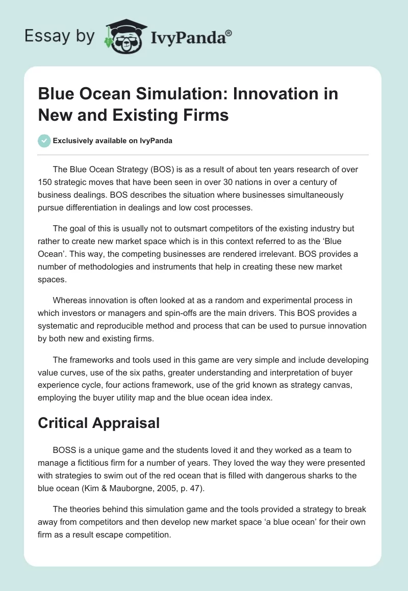 Blue Ocean Simulation: Innovation in New and Existing Firms. Page 1