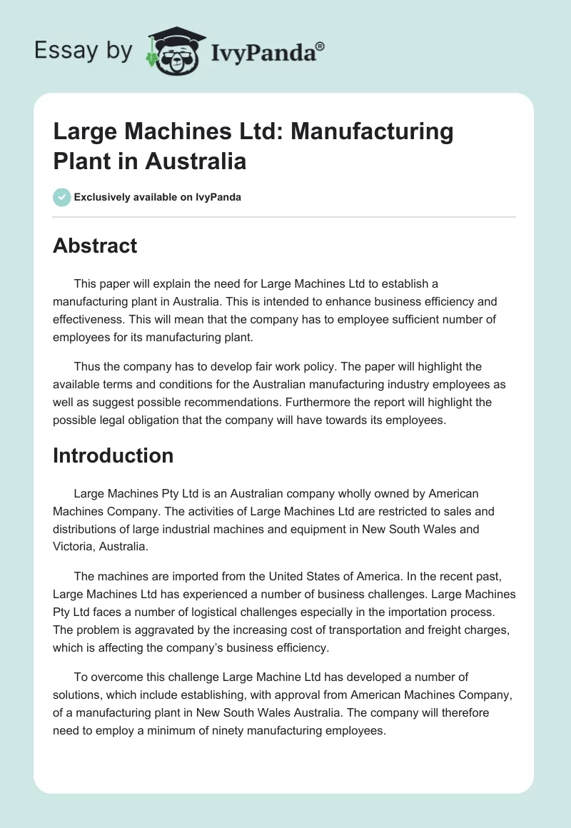 Large Machines Ltd: Manufacturing Plant in Australia. Page 1