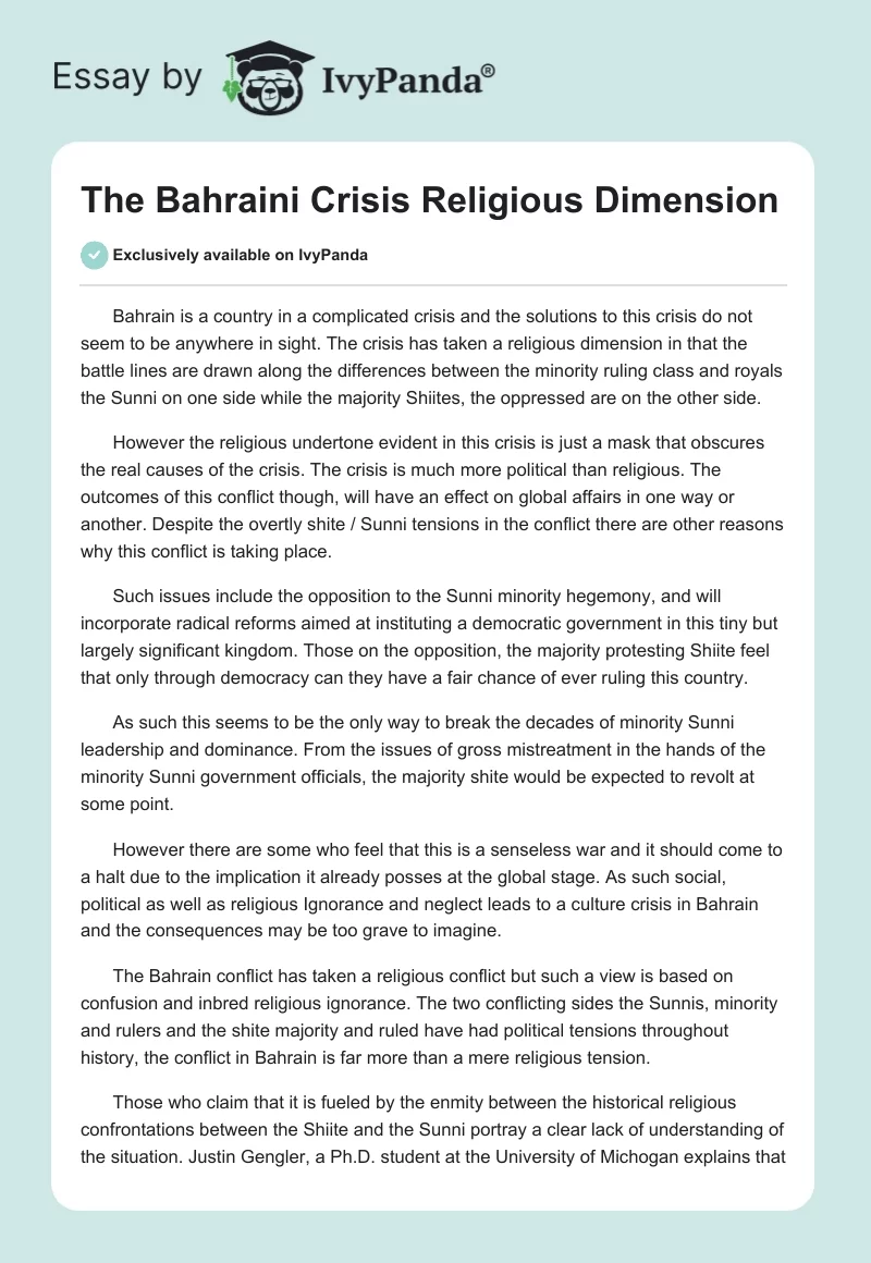 The Bahraini Crisis Religious Dimension. Page 1