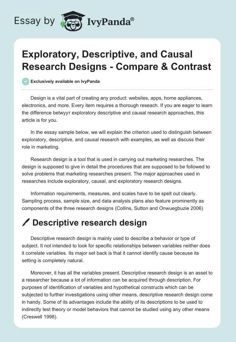 Exploratory, Descriptive, and Causal Research Designs - Compare & Contrast. Page 1