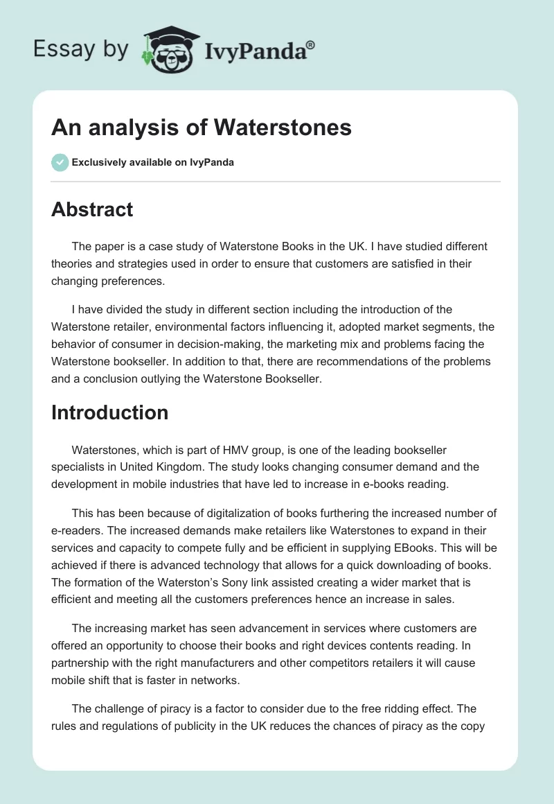 An analysis of Waterstones. Page 1