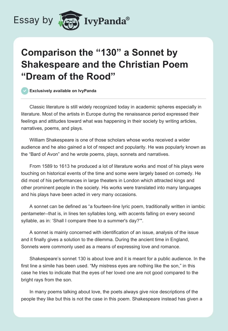 Comparison the “130” a Sonnet by Shakespeare and the Christian Poem “Dream of the Rood”. Page 1