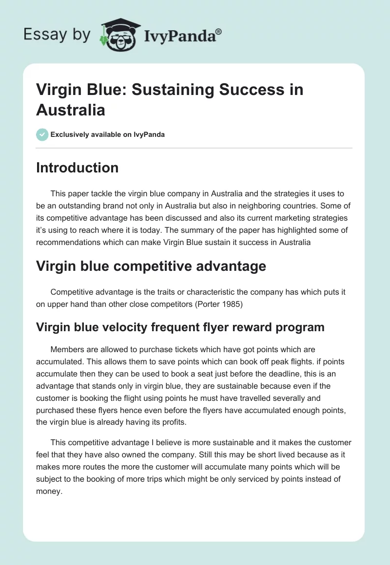 Virgin Blue: Sustaining Success in Australia. Page 1