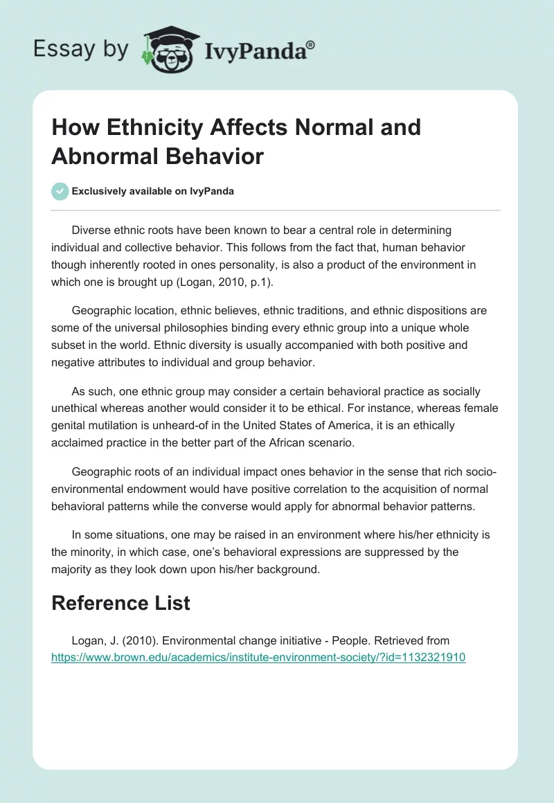 How Ethnicity Affects Normal and Abnormal Behavior. Page 1