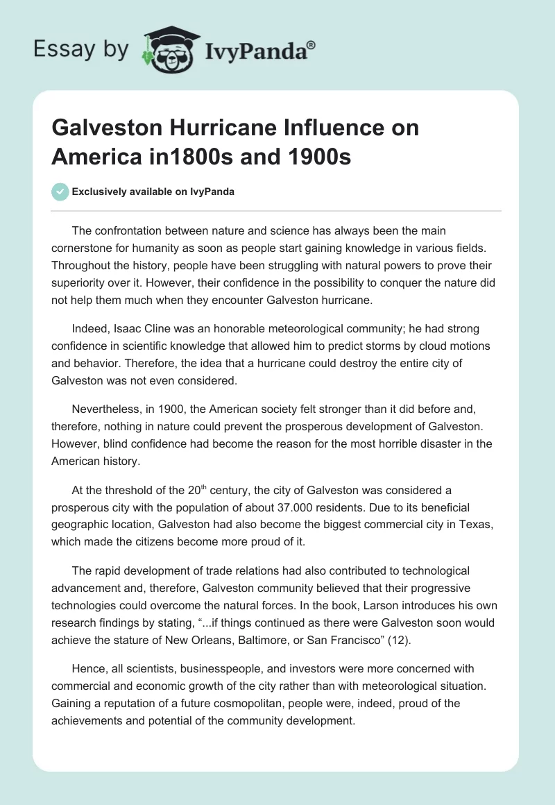 Galveston Hurricane Influence on America in1800s and 1900s. Page 1