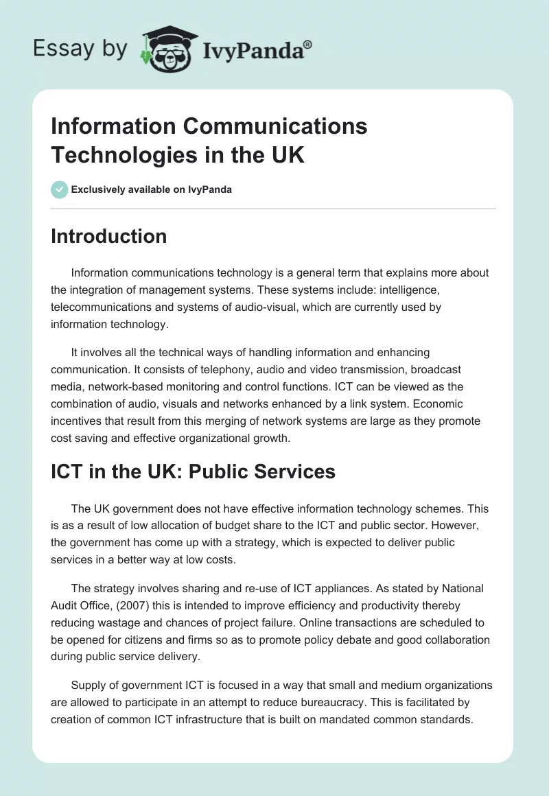 Information Communications Technologies in the UK. Page 1