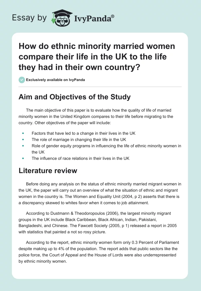 How do ethnic minority married women compare their life in the UK to the life they had in their own country?. Page 1