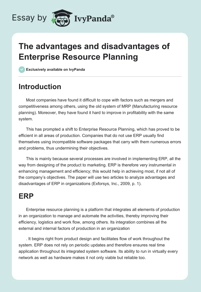 The advantages and disadvantages of Enterprise Resource Planning. Page 1