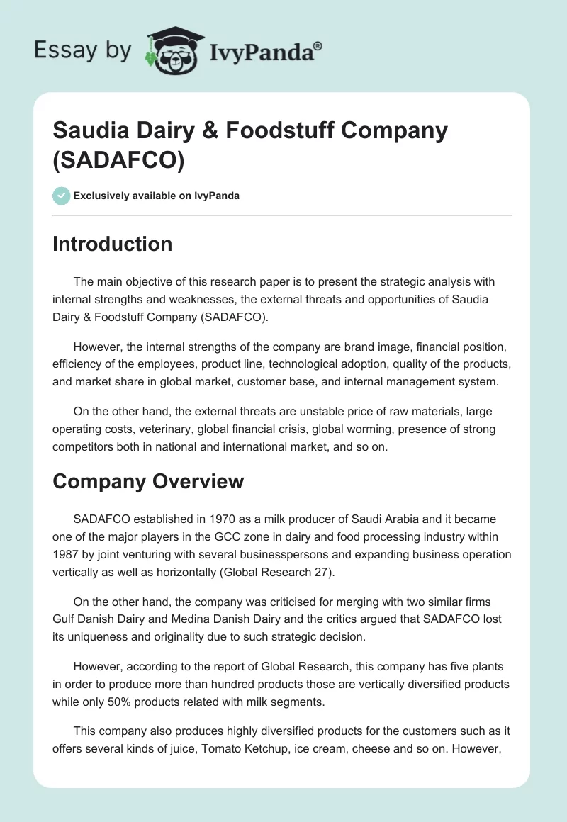 Saudia Dairy & Foodstuff Company (SADAFCO). Page 1