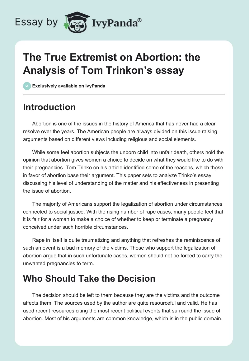 The True Extremist on Abortion: The Analysis of Tom Trinkon’s Essay. Page 1