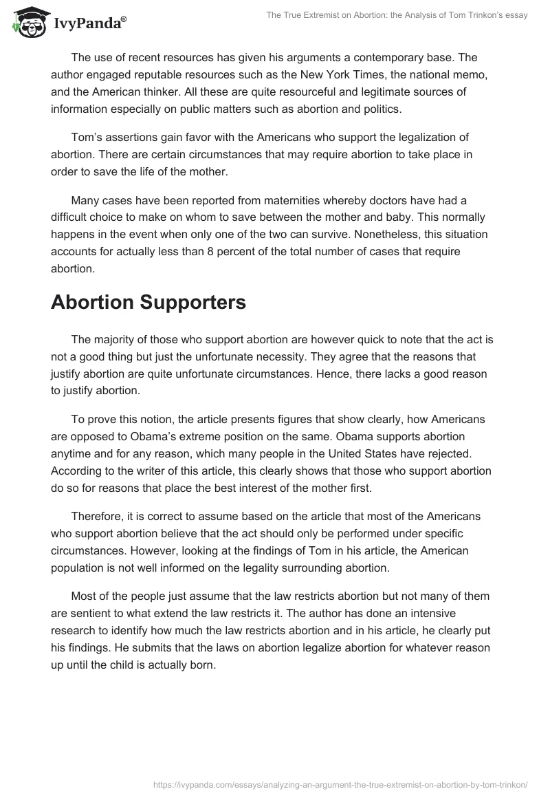 The True Extremist on Abortion: The Analysis of Tom Trinkon’s Essay. Page 2