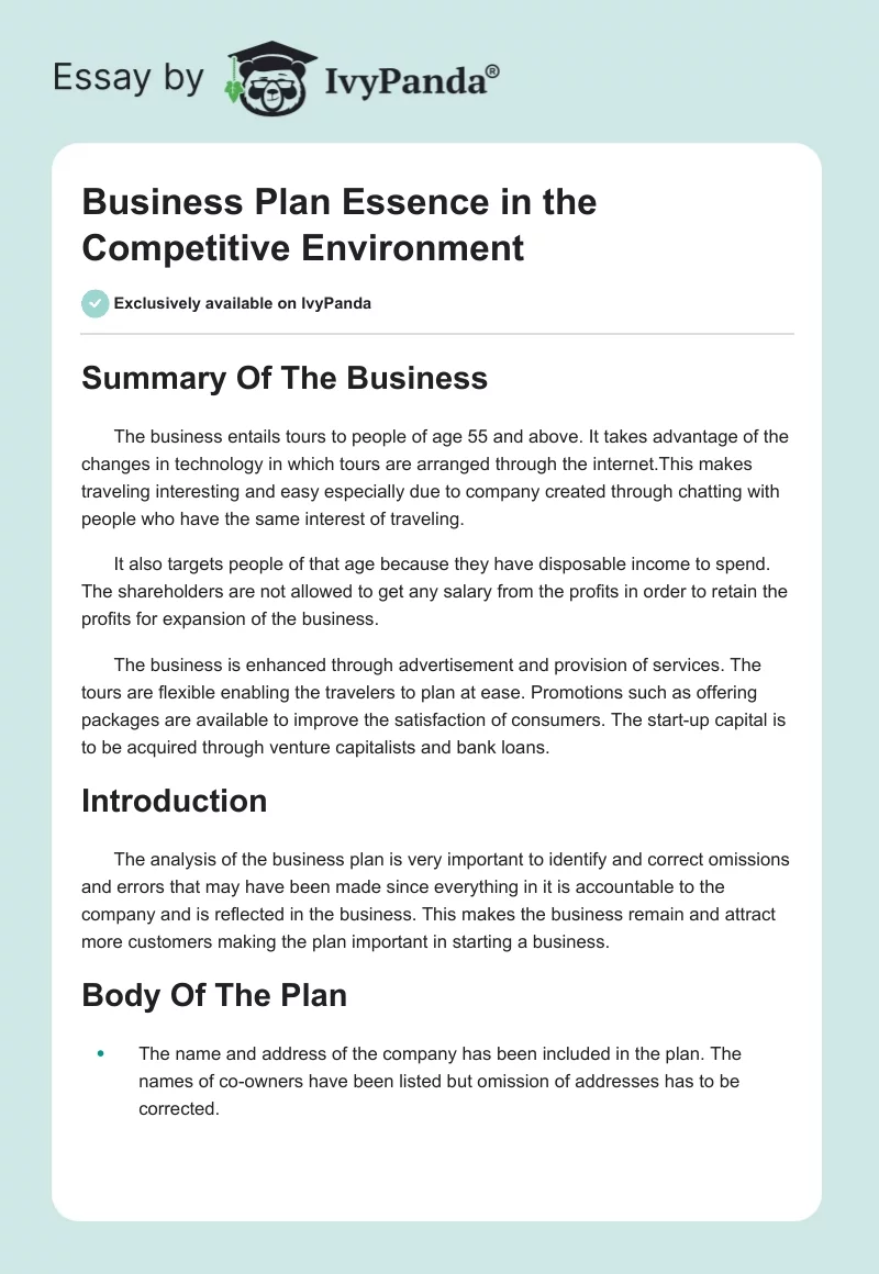 Business Plan Essence in the Competitive Environment. Page 1