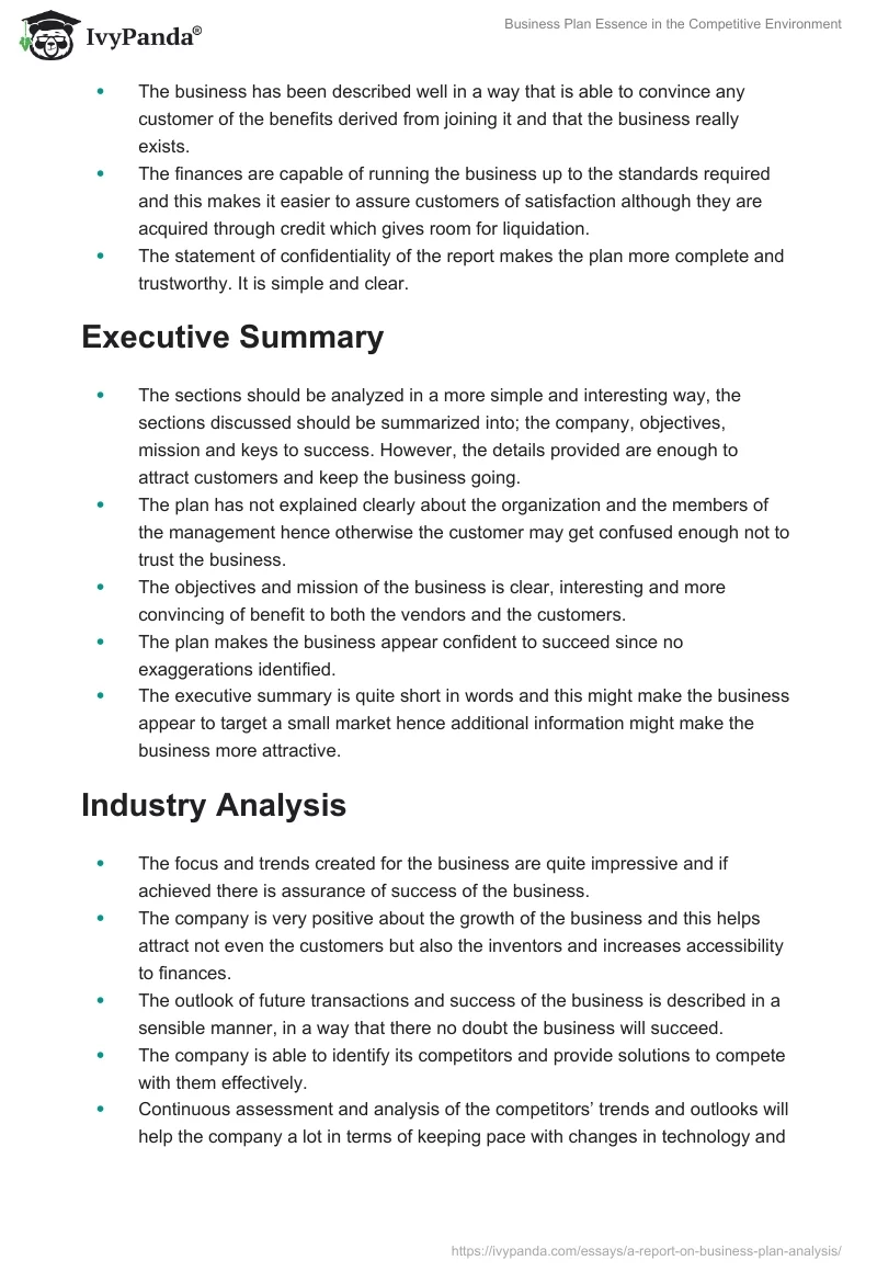 Business Plan Essence in the Competitive Environment. Page 2