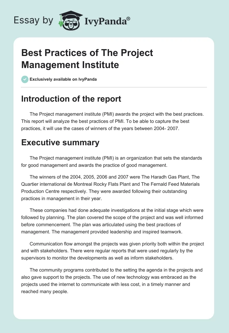 Best Practices of The Project Management Institute. Page 1