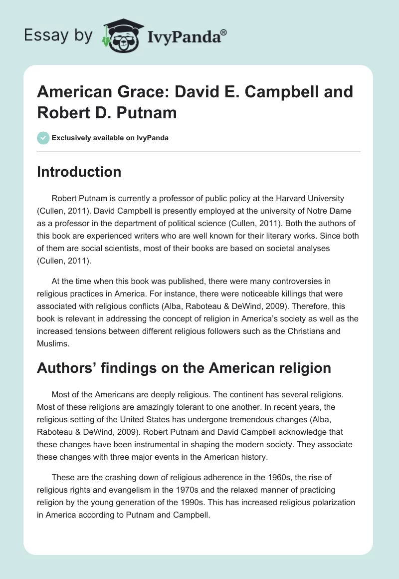 American Grace: David E. Campbell and Robert D. Putnam. Page 1