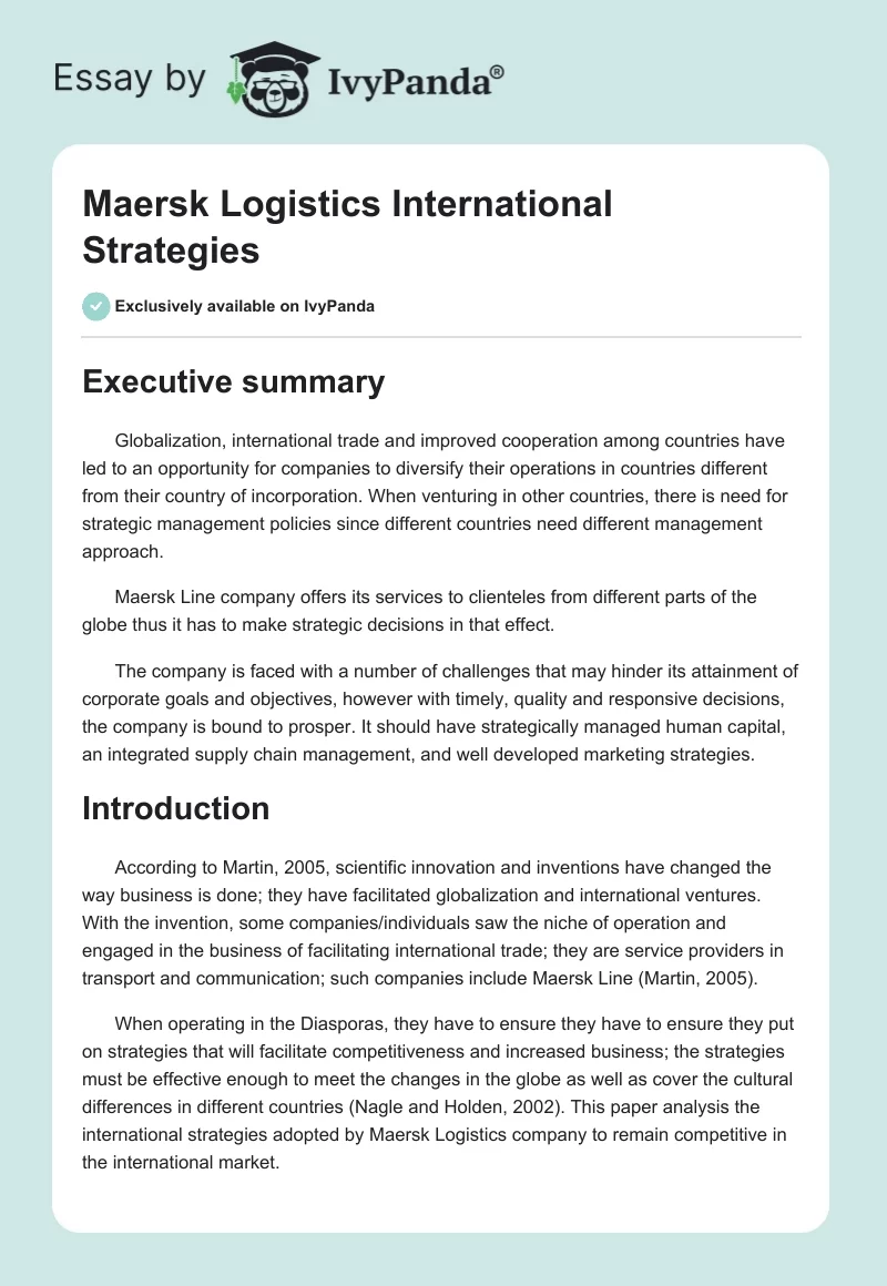 Maersk Logistics International Strategies. Page 1