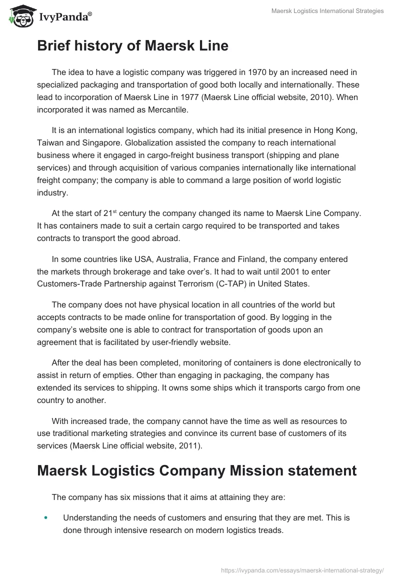 Maersk Logistics International Strategies. Page 2