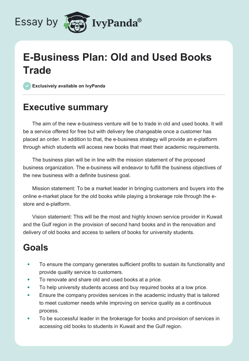 E-Business Plan: Old and Used Books Trade. Page 1