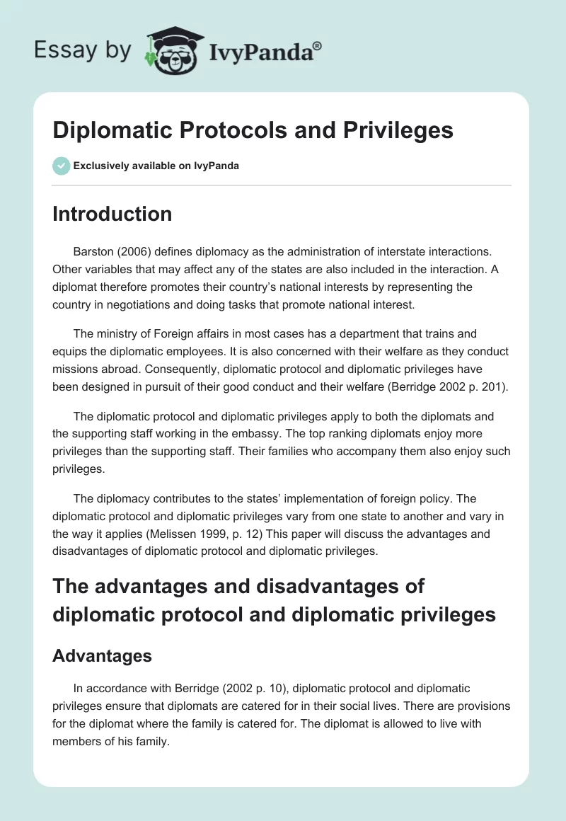 Diplomatic Protocols and Privileges. Page 1