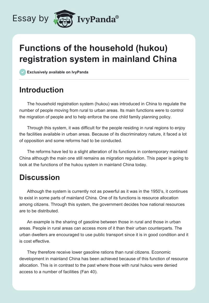 Functions of the household (hukou) registration system in mainland China. Page 1