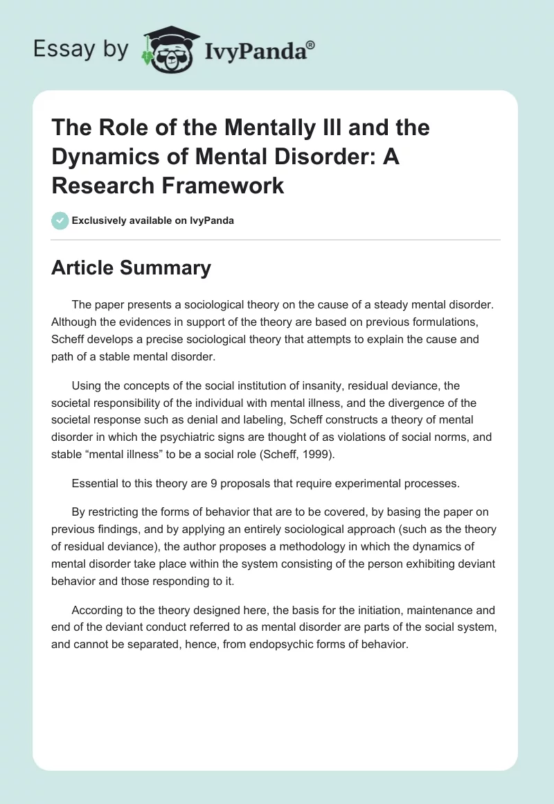 The Role of the Mentally Ill and the Dynamics of Mental Disorder: A Research Framework. Page 1