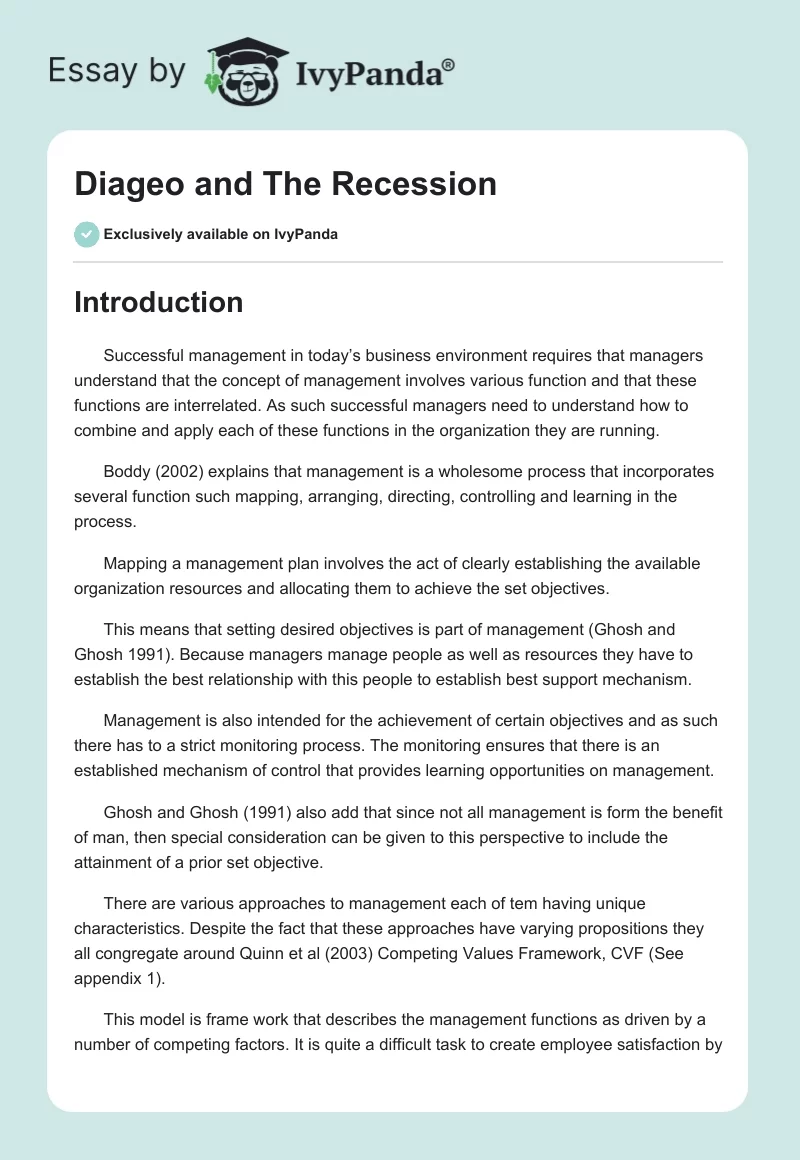 Diageo and The Recession. Page 1