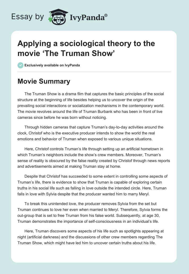 Applying a Sociological Theory to the Movie ‘The Truman Show’. Page 1
