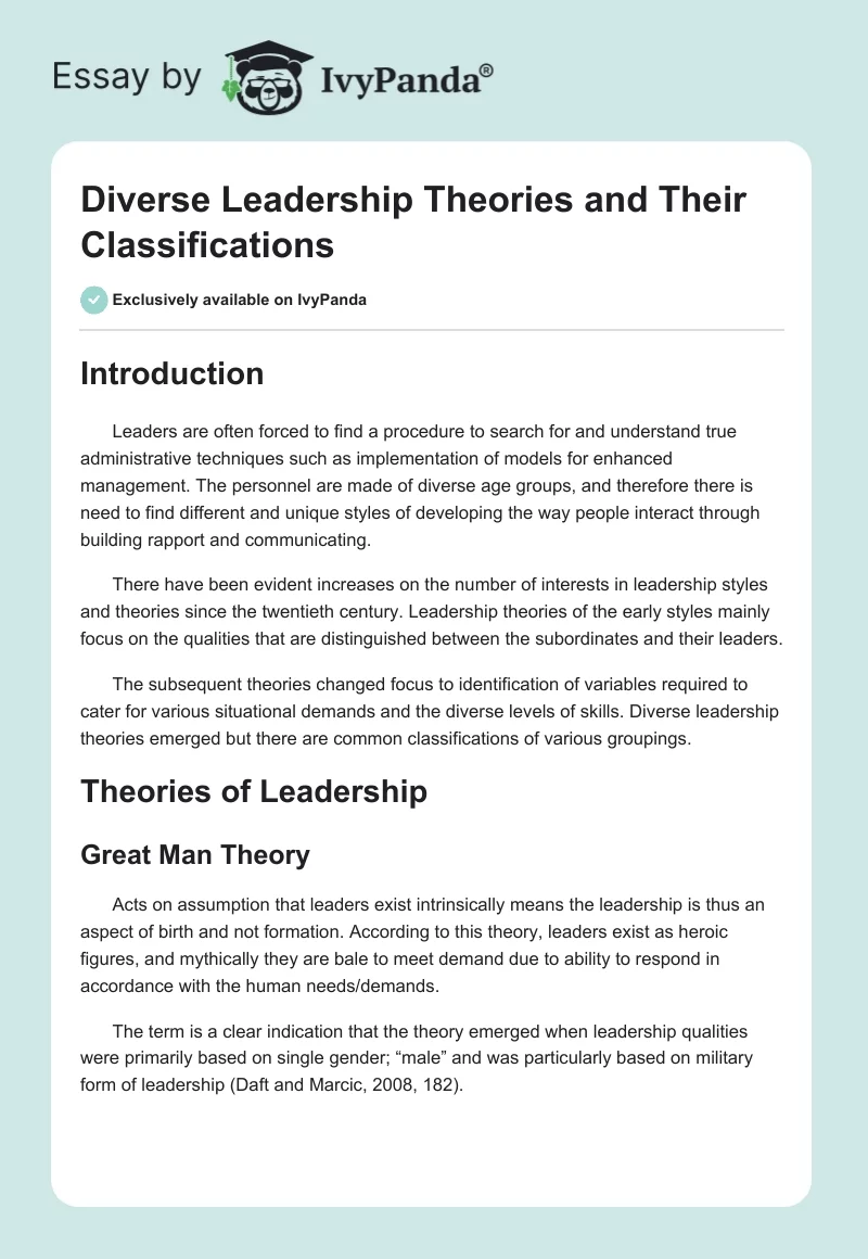 Diverse Leadership Theories and Their Classifications. Page 1