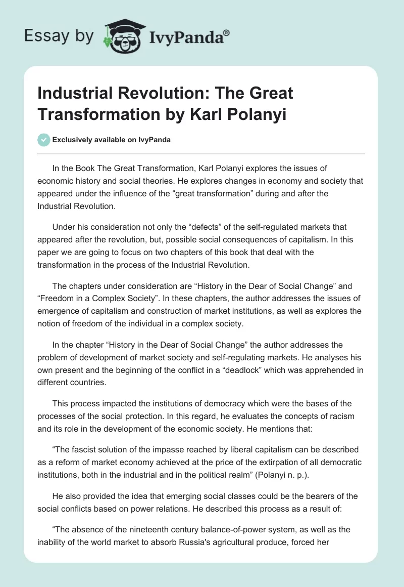 Industrial Revolution: "The Great Transformation" by Karl Polanyi. Page 1
