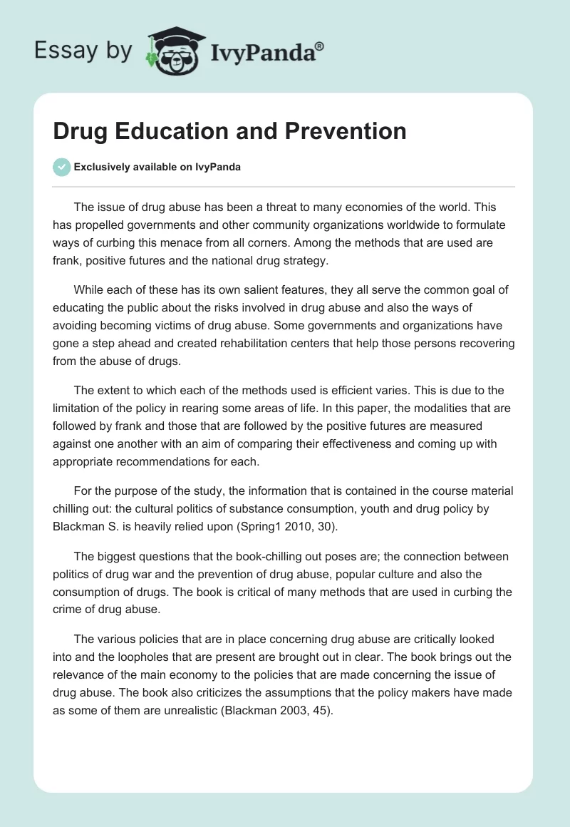 Drug Education and Prevention. Page 1