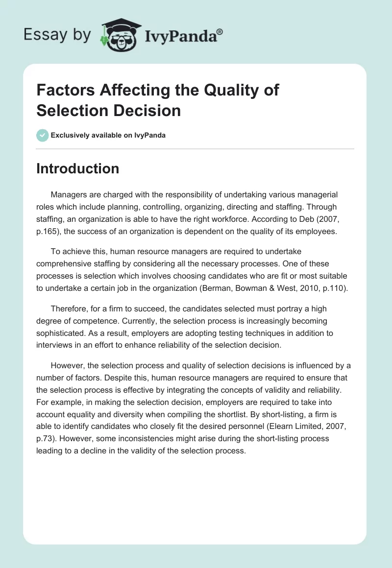 Factors Affecting the Quality of Selection Decision. Page 1