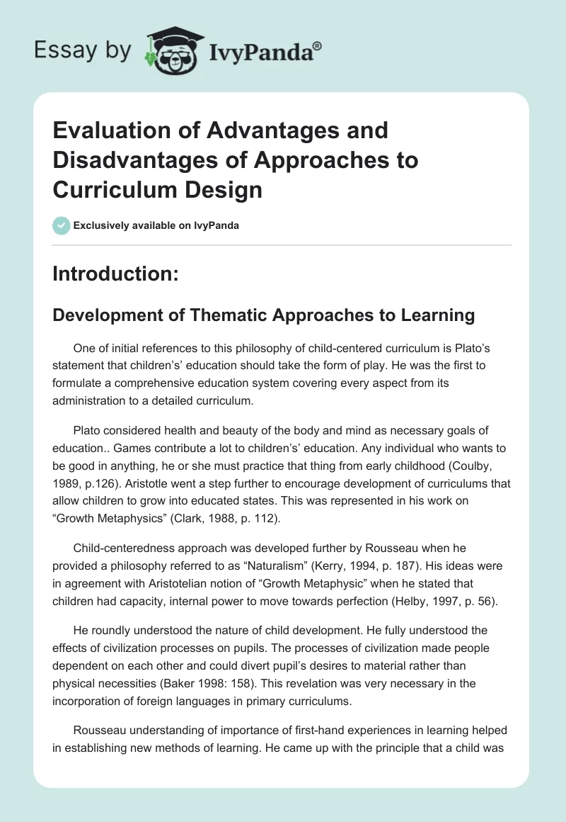 Evaluation of Advantages and Disadvantages of Approaches to Curriculum Design. Page 1