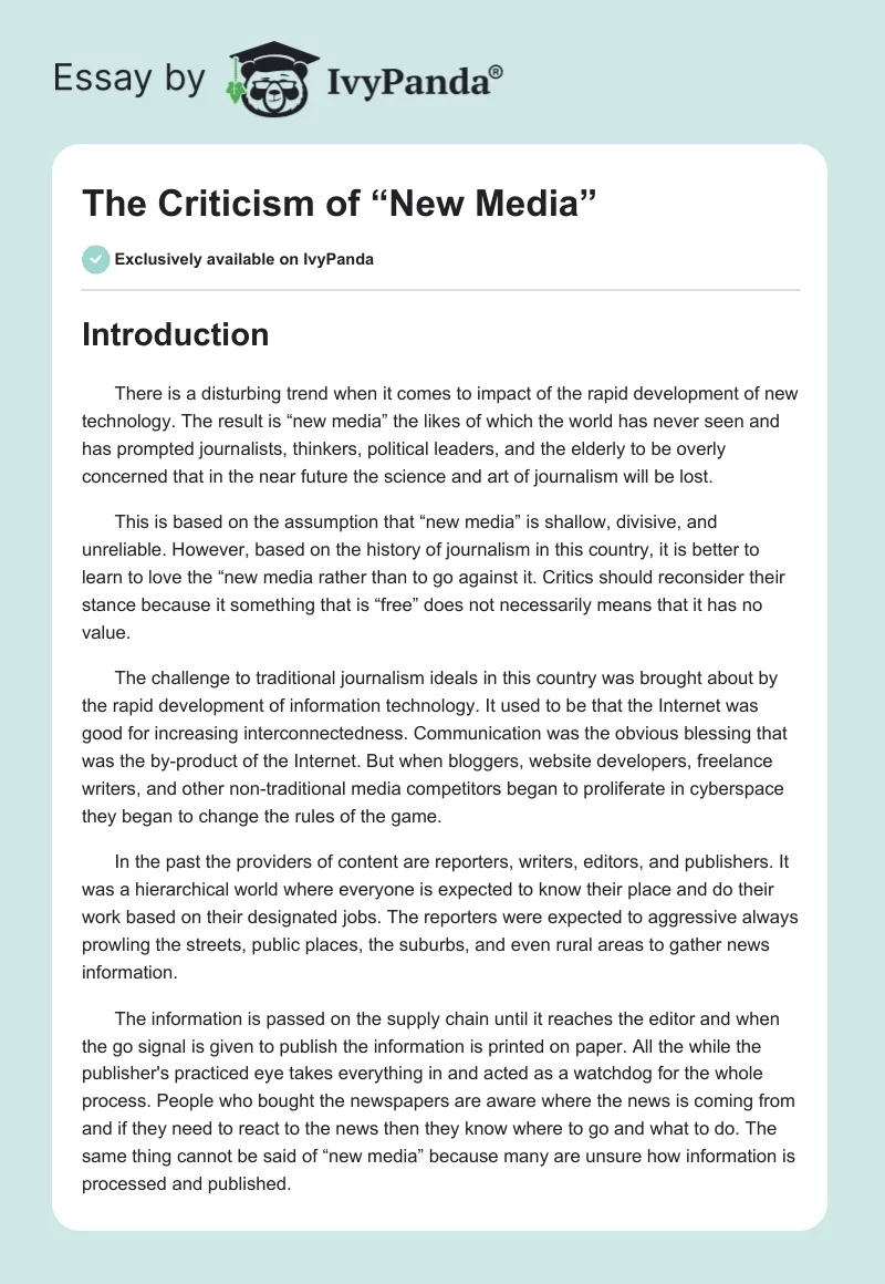 The Criticism of “New Media”. Page 1