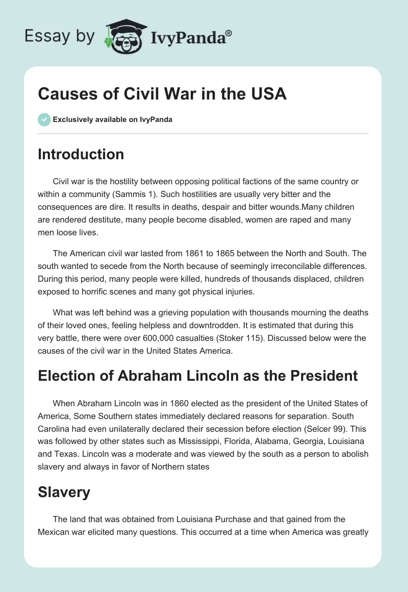 Causes of Civil War in the USA. Page 1