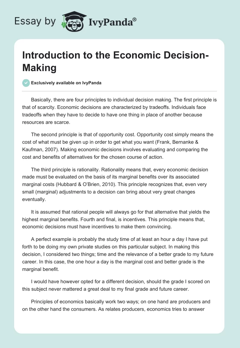 Introduction to the Economic Decision-Making. Page 1