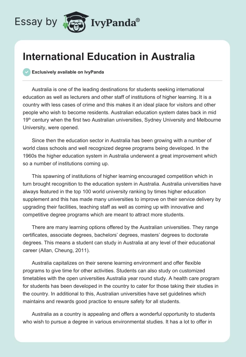 International Education in Australia. Page 1