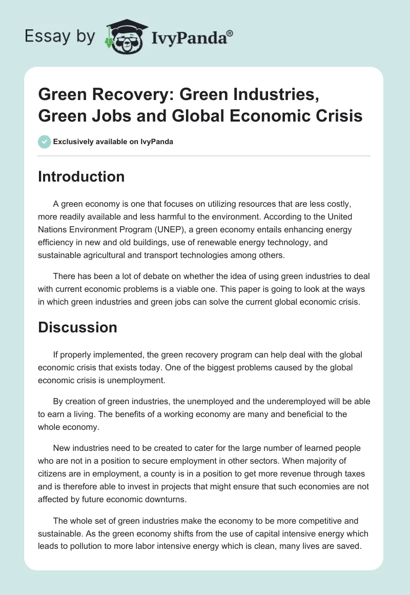 Green Recovery: Green Industries, Green Jobs and Global Economic Crisis. Page 1