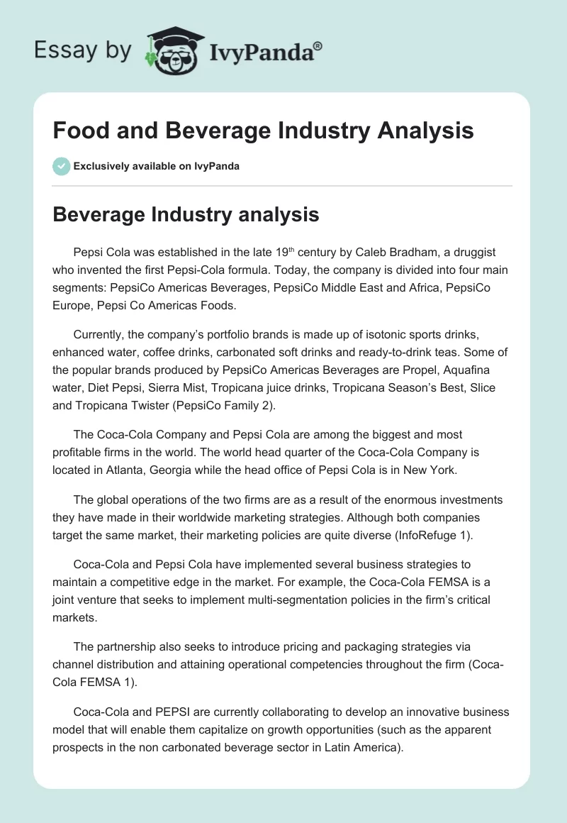 Food and Beverage Industry Analysis. Page 1