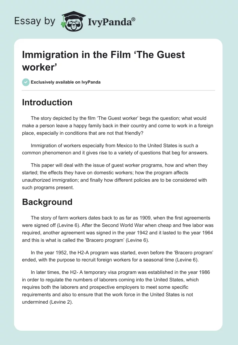 Immigration in the Film ‘The Guest worker’. Page 1
