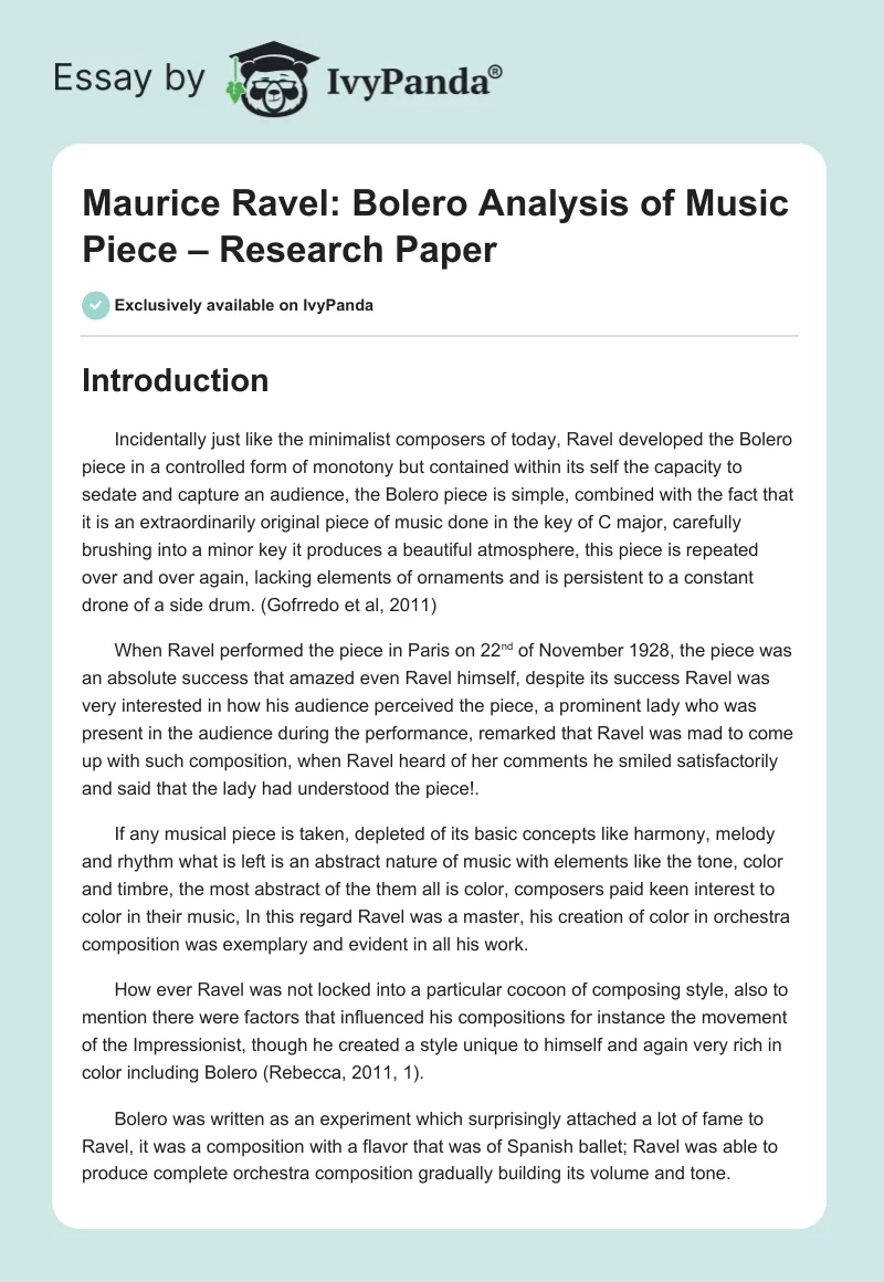 Maurice Ravel: Bolero Analysis of Music Piece – Research Paper. Page 1